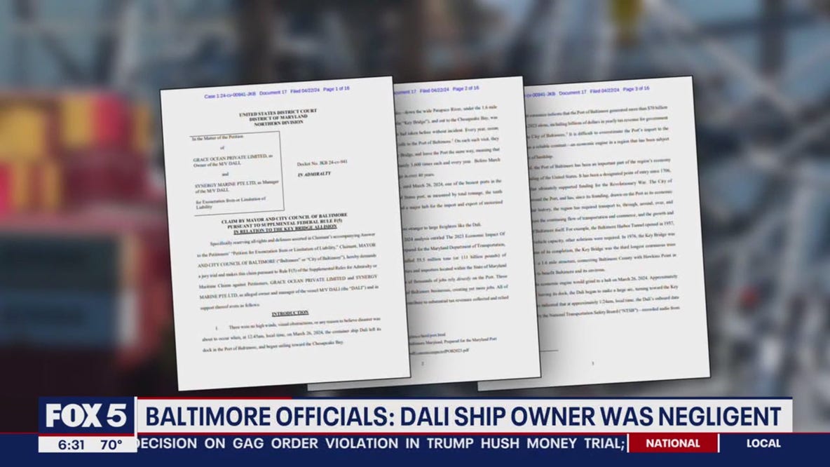 City of Baltimore files in court claiming owner of ship that cause bridge collapse was negligent
